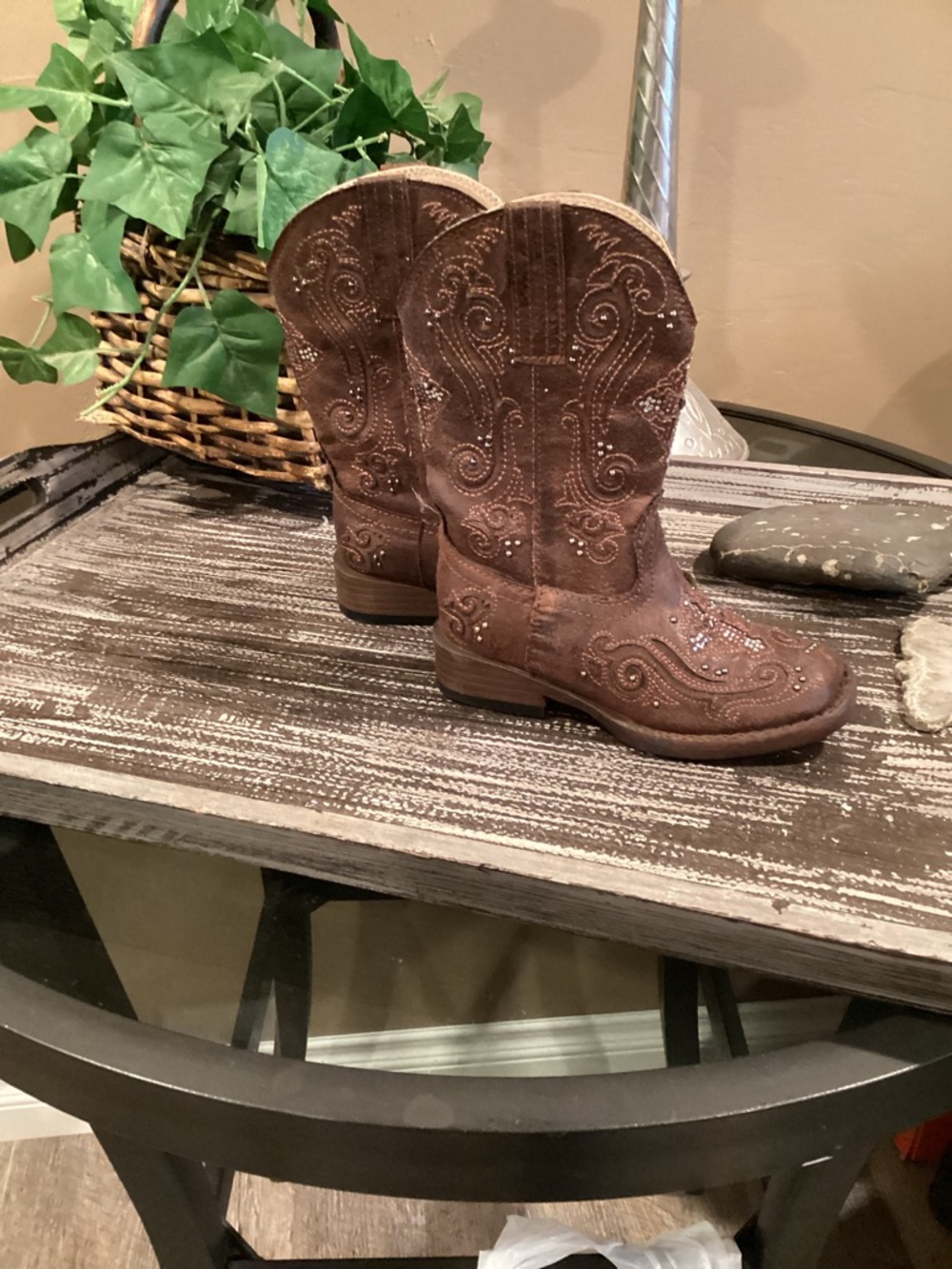 Roper Brown Embroidered Kids Western Boots